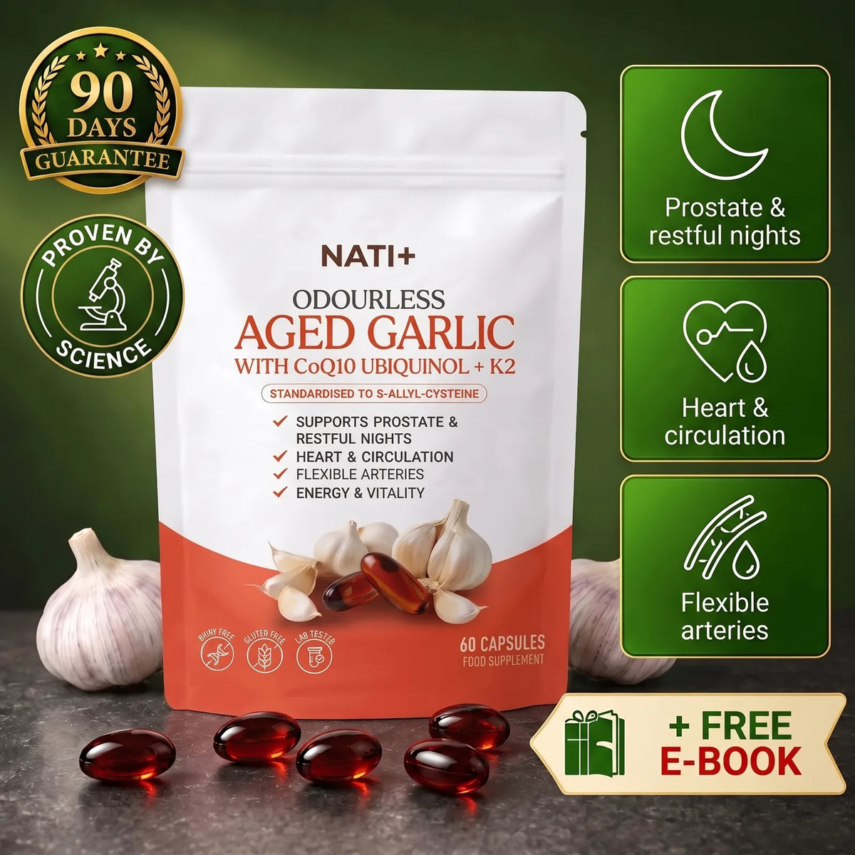 [en] NATI+ Odourless Aged Garlic with CoQ10 + K2 - 90-day guarantee, proven by science