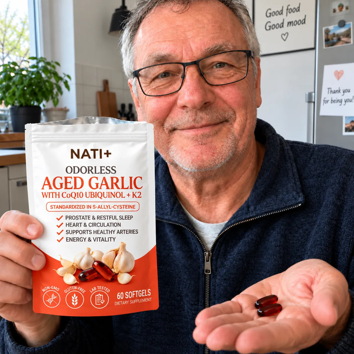[en] Customer holding NATI+ Odourless Aged Garlic softgels