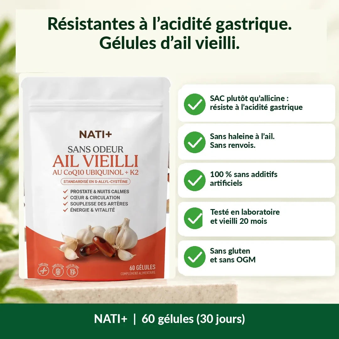 Gélules d'ail vieilli résistantes à l'acidité gastrique