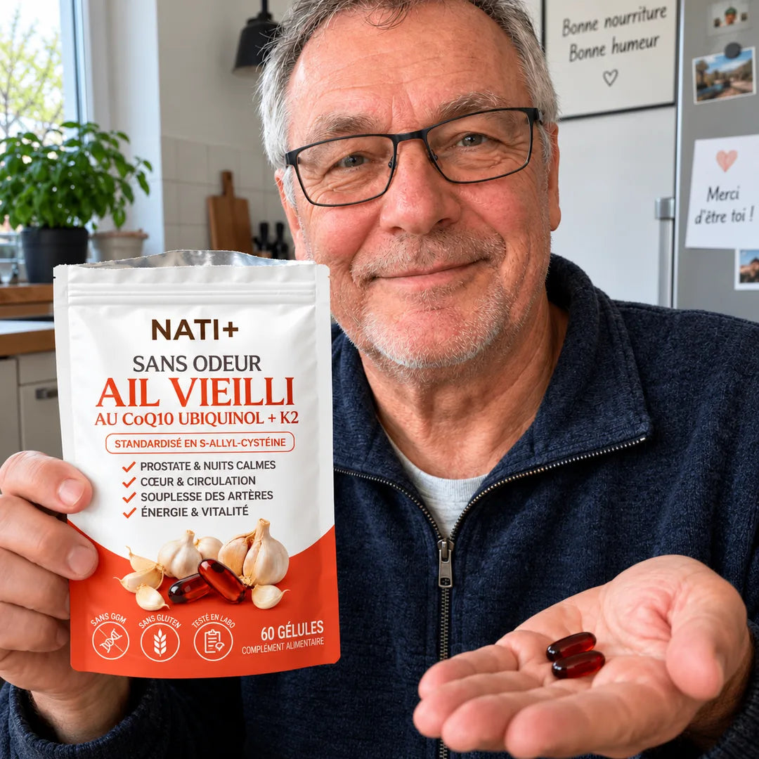 Homme qui tient le sachet Ail Vieilli NATI+ et deux gélules