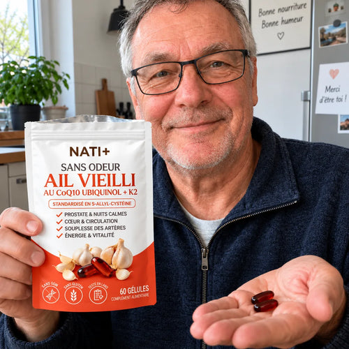 Homme qui tient le sachet Ail Vieilli NATI+ et deux gélules