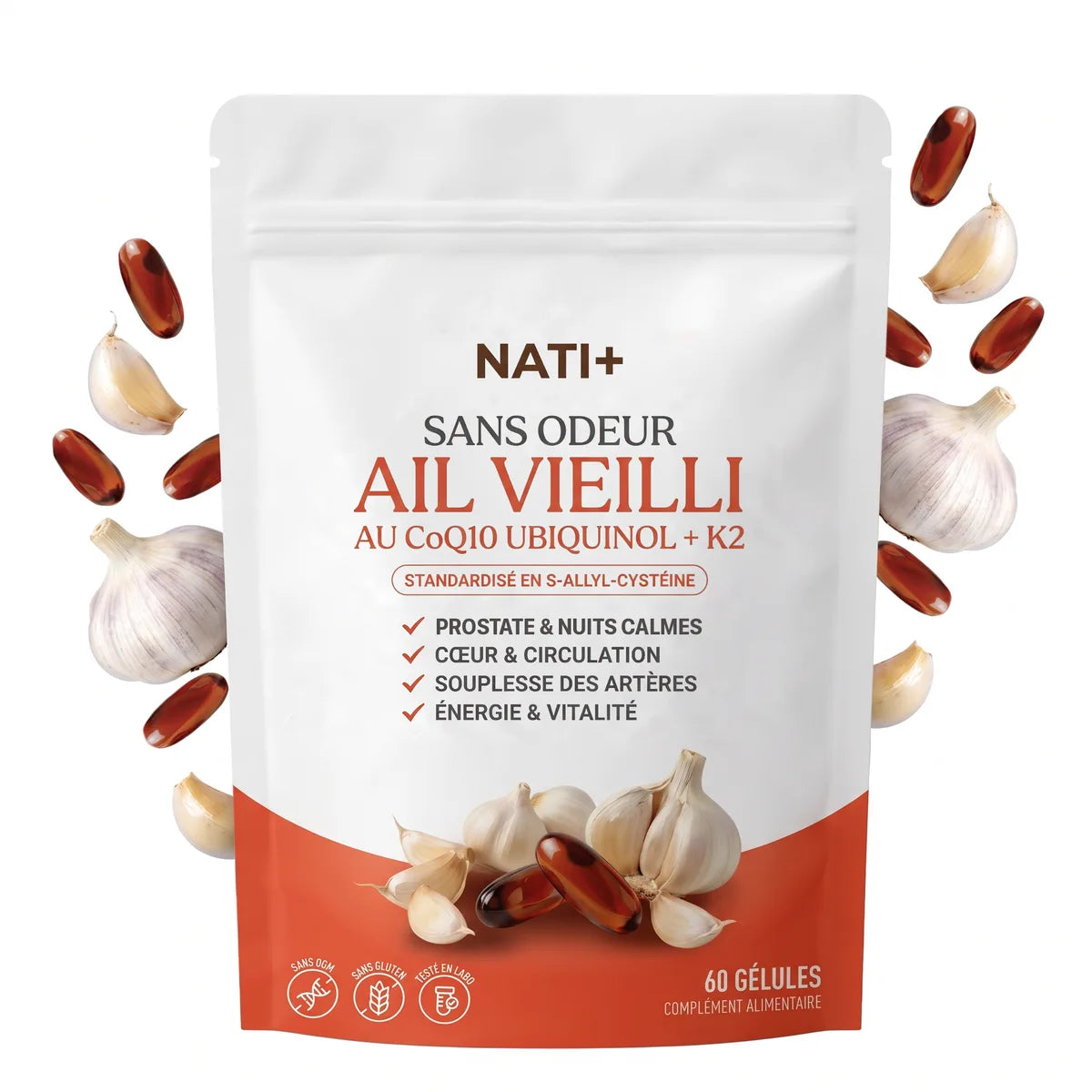 Ail vieilli sans odeur NATI+ au CoQ10 ubiquinol et vitamine K2, 60 gélules